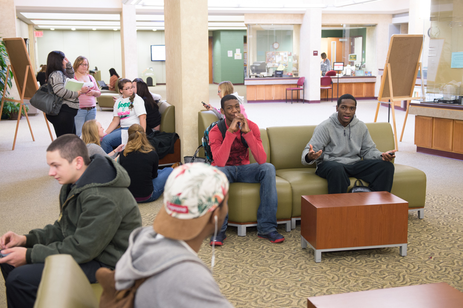 Students visiting in lounge